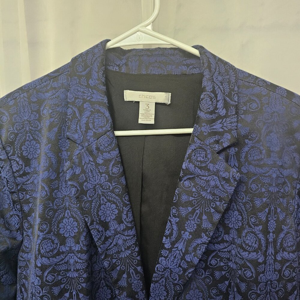 Chico's Blazer Blue Black Floral Boho Goth Retro Office Business XL - Picture 3 of 9